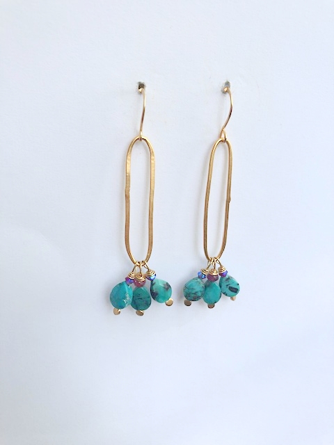 A Brushed Gold, Austrian Crystal, Ruby, Turquoise Gold Earring